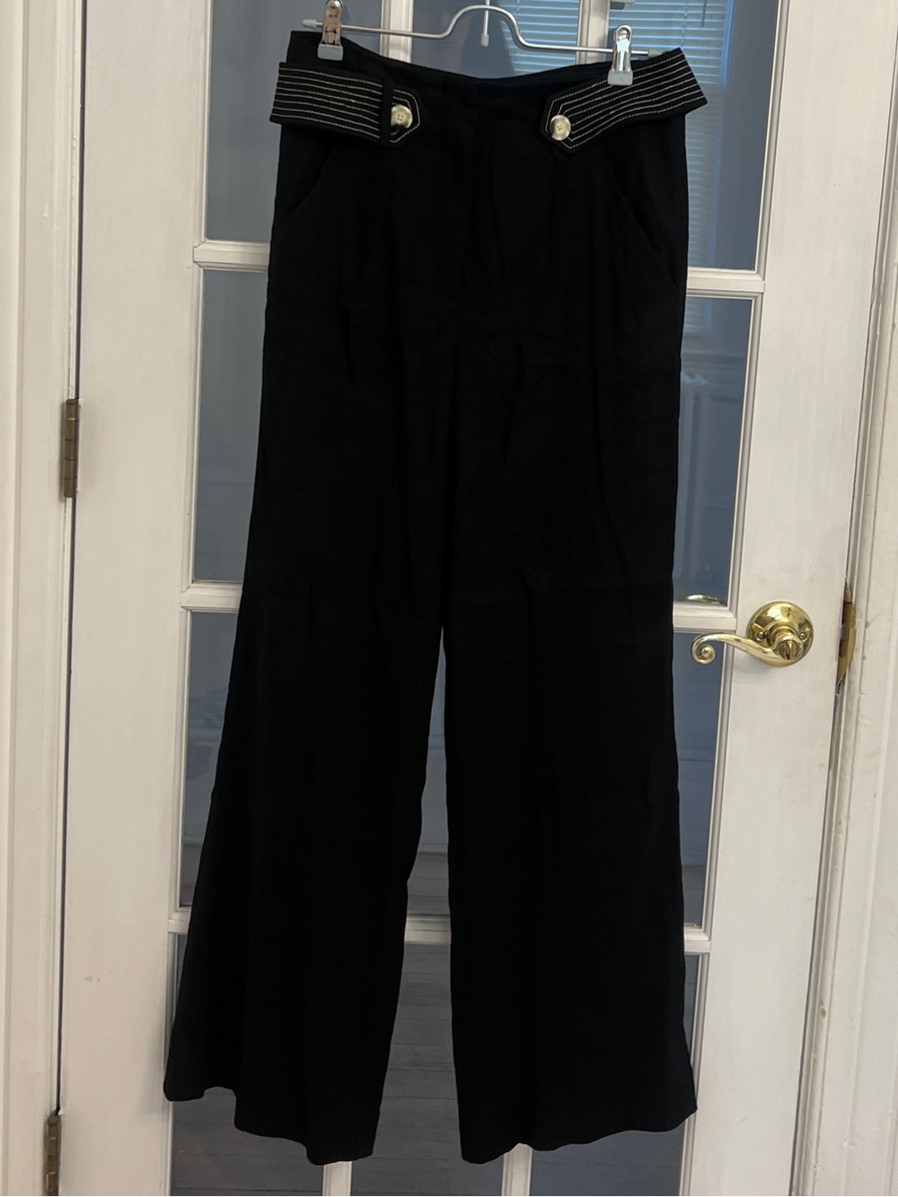 VERONICA BEARD Black Sunny Linen Blend Striped Half Belt Wide Leg Pants Size 6